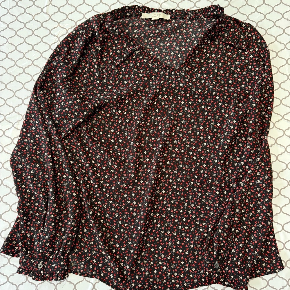 LOFT Black Blouse with Red and White‎ Floral Print